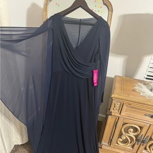 Calvin Klein size 10 navy blue floor length dress w/ sheer flowy, attached cape